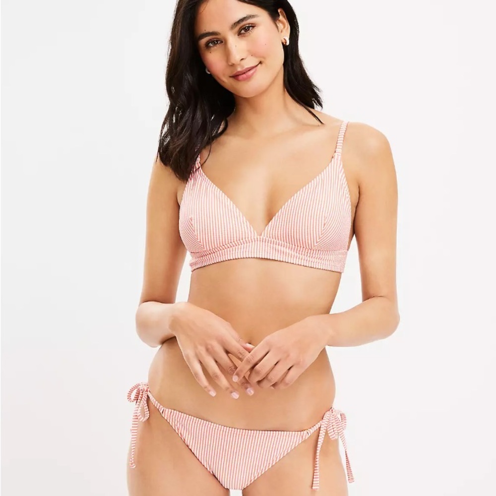 LOFT Beach Seersucker Striped Coral Pink Bikini Bottom